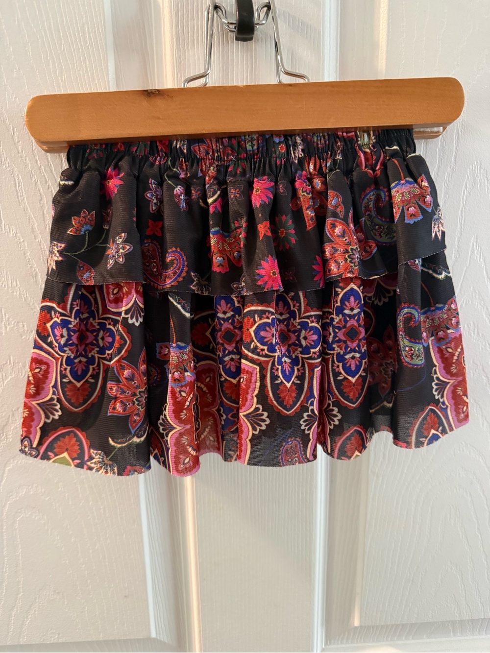 Chelsea & Violet Black Mini Skirt with Red and Purple Paisley Print